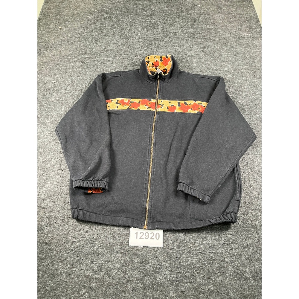 Vintage Cityscape Jacket Mens XL Black Autumn Leaf Trim Full Zip Winter Wear